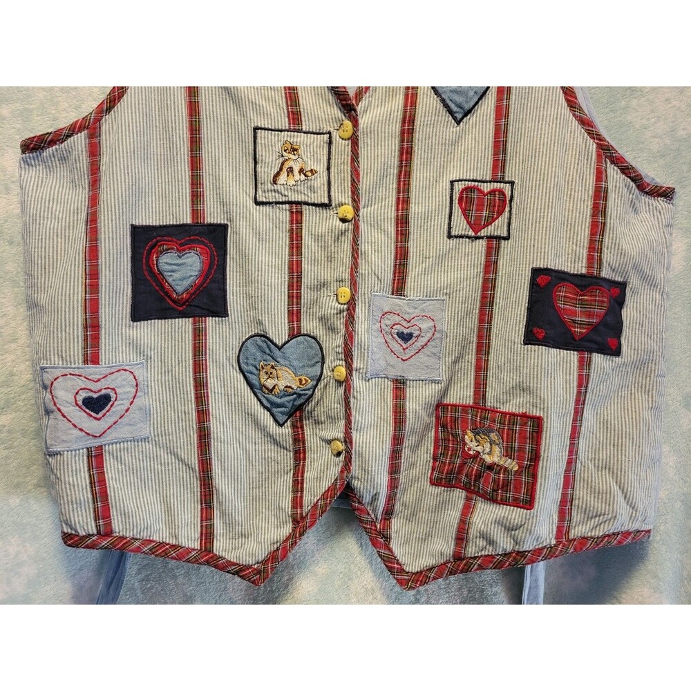 VJ Woman Denim Vest Embroidered Cat Kitty Feline 20W Heart Plaid Stripes Vtg Red